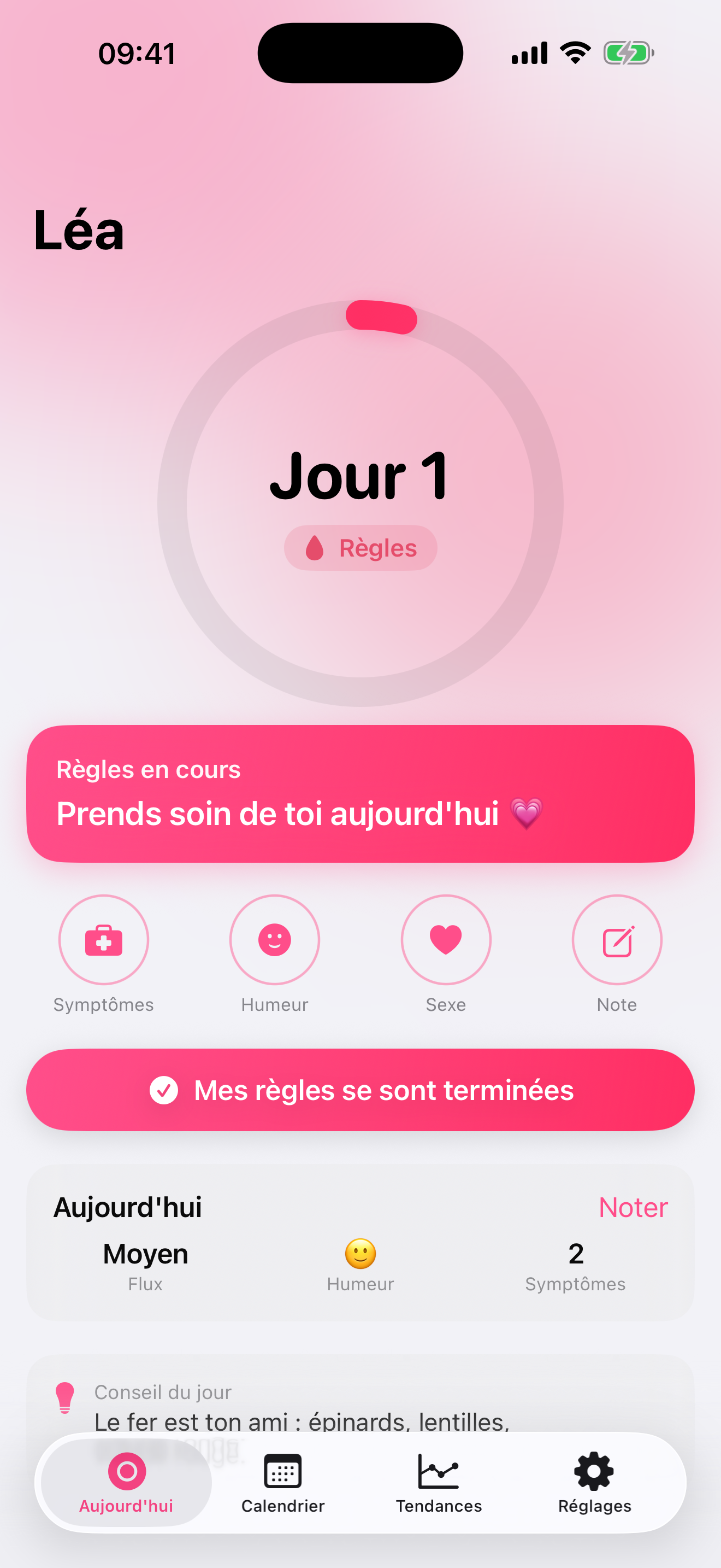 Écran d'accueil de Léa : jour du cycle, message du jour et actions rapides
