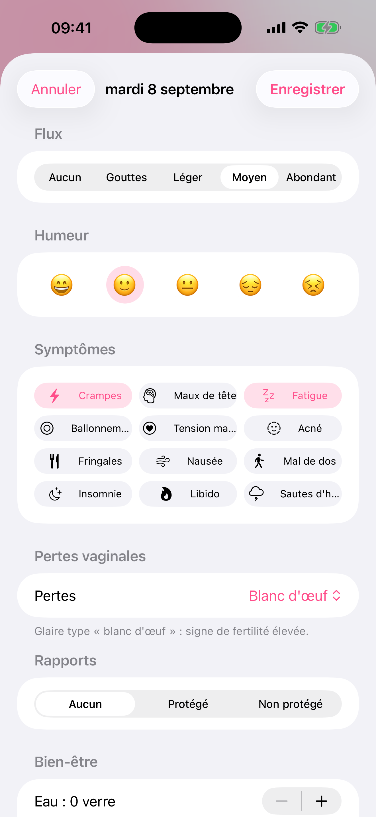 Journal du jour : symptômes, humeur, pertes
